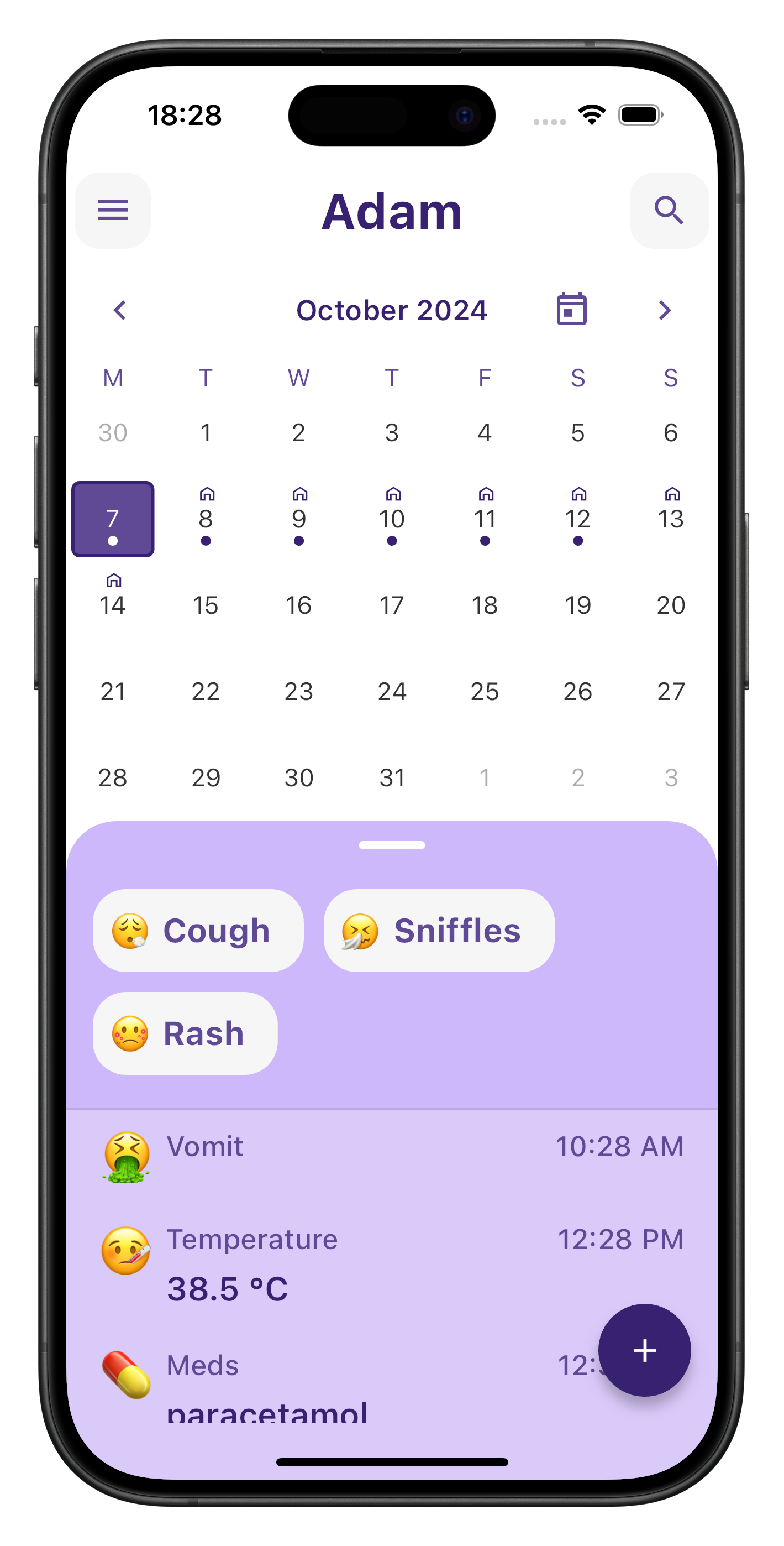MedKid App Screenshot showing health tracking calendar